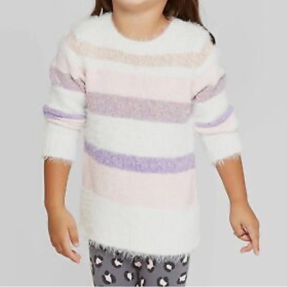 Cat & Jack Fuzzy Sweater Pullover Long Sleeve Striped White Pink Purple Sz 10-12
